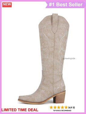 Floral Embroidered Knee High Western Cowboy Boots Pointed Toe Faux Leather